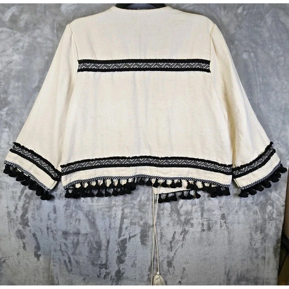 Emerson Lang Ivory Beige Cotton Boho Long Sleeve Jacket Blazer Black Tassel L